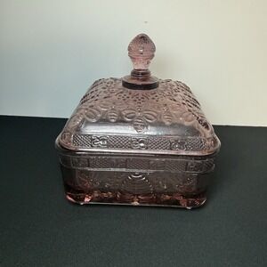 Tiara Honey Bee Glass Dish Pink Square Lid Candy Dish Indiana Glass Amethyst